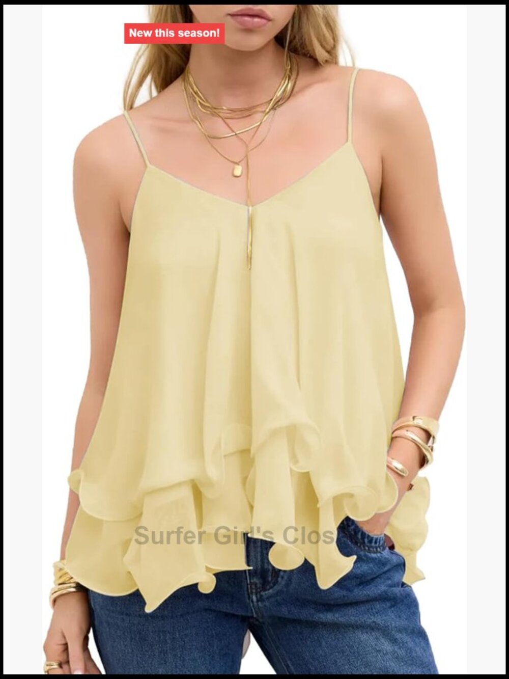 Ruffle Layered Mesh Chiffon Tank Top Spaghetti Strap Camisole Sleeveless Summer